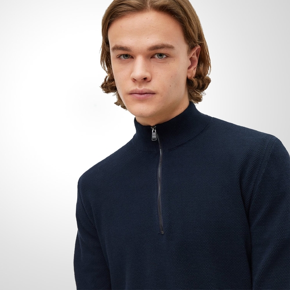 SUÉTER MASCULINO MEIO ZÍPER ALGODÃO ESTRUTURADO MARINHO BOSS