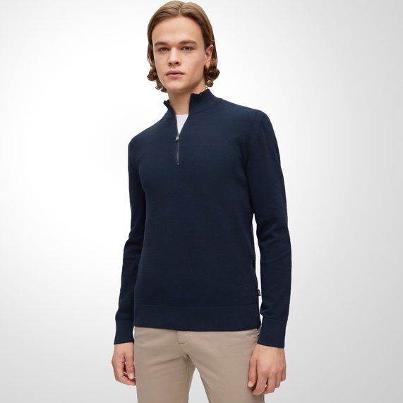 SUÉTER MASCULINO MEIO ZÍPER ALGODÃO ESTRUTURADO MARINHO BOSS