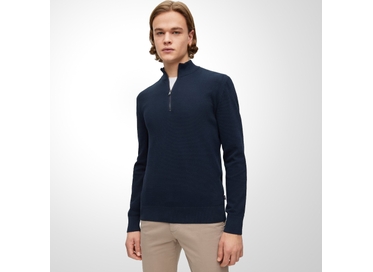 SUÉTER MASCULINO MEIO ZÍPER ALGODÃO ESTRUTURADO MARINHO BOSS