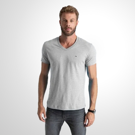 CAMISETA MASCULINA CLÁSSICA GOLA V CINZA TOMMY HILFIGER