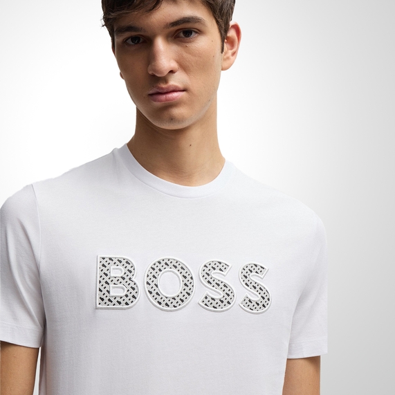CAMISETA BOSS MASCULINA JERSEY ALGODÃO DETALHE LOGO BRANCA